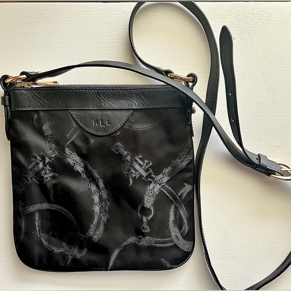 Vintage Ralph Lauren square purse in black with gold hardware and leather trim